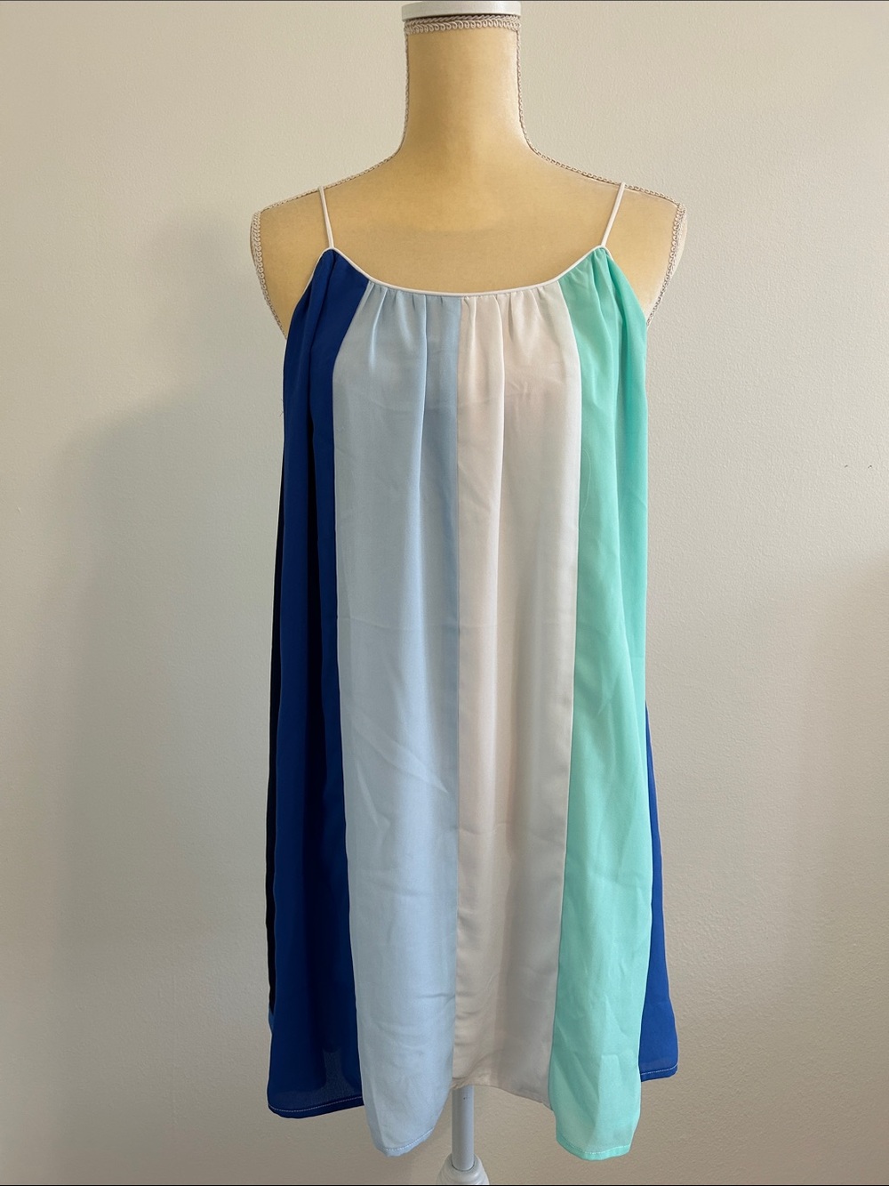 Striped Spaghetti Strap Mini Dress in Navy, Light Blue, White & Mint